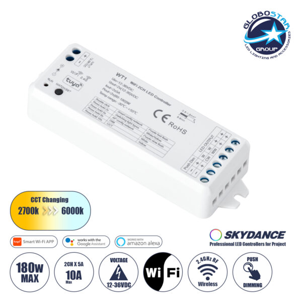 GloboStar® 71468 WT1 SKYDANCE DC WiFi & RF 2.4Ghz Dimmer High Speed Controller 2 Καναλιών DC 12-36V 2 x 5A 180W - Max 10A 180W - IP20 Μ11.5 x Π3.5 x Υ2cm - 5 Years Warranty