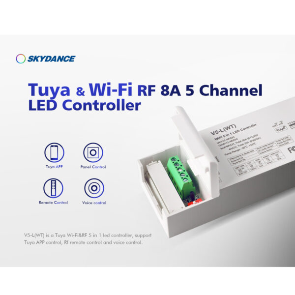 GloboStar® 71470 V5-L SKYDANCE DC WiFi & RF 2.4Ghz Dimmer High Speed Controller 5 Καναλιών DC 12-48V 5 x 6A 288W – Max 30A 1440W – IP20 Μ18 x Π5.7 x Υ2.8cm – 5 Years Warranty