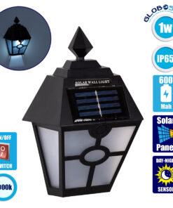 GloboStar® 71494 Αυτόνομο Ηλιακό Φωτιστικό Τοίχου Μαύρο LED SMD 1W 40lm με Ενσωματωμένη Μπαταρία 600mAh – Φωτοβολταϊκό Πάνελ με Αισθητήρα Ημέρας-Νύχτας IP65 Ψυχρό Λευκό 6000K