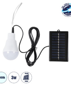 GloboStar® SOLAR-BULB 71502 Αυτόνομη Ηλιακή Κρεμαστή Λάμπα LED A60 Γλόμπος 10W 250lm 260° με Φωτοβολταικό Panel 5V 4W & Επαναφορτιζόμενη Μπαταρία Li-ion 3.2V 600mAh – IP54 – Ψυχρό Λευκό 6000K – Φ6 x Υ10cm – 2 Years Warranty