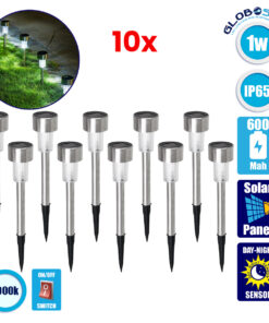 GloboStar® 71520-10 ΣΕΤ 10 Τεμαχίων Αυτόνομα Ηλιακά Φωτιστικά LED SMD 1W 100lm με Ενσωματωμένη Μπαταρία 600mAh – Φωτοβολταϊκό Πάνελ με Αισθητήρα Ημέρας-Νύχτας Αδιάβροχο IP65 Φανάρι Κήπου Στρογγυλό Ψυχρό Λευκό 6000K