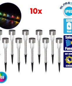 GloboStar® 71522-10 ΣΕΤ 10 Τεμαχίων Αυτόνομα Ηλιακά Φωτιστικά LED SMD 1W 90lm με Ενσωματωμένη Μπαταρία 600mAh – Φωτοβολταϊκό Πάνελ με Αισθητήρα Ημέρας-Νύχτας Αδιάβροχο IP65 Φανάρι Κήπου Στρογγυλό Πολύχρωμο RGB