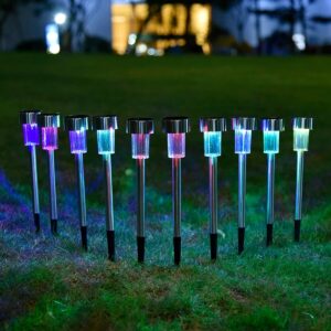 GloboStar® 71522-10 ΣΕΤ 10 Τεμαχίων Αυτόνομα Ηλιακά Φωτιστικά LED SMD 1W 90lm με Ενσωματωμένη Μπαταρία 600mAh – Φωτοβολταϊκό Πάνελ με Αισθητήρα Ημέρας-Νύχτας Αδιάβροχο IP65 Φανάρι Κήπου Στρογγυλό Πολύχρωμο RGB