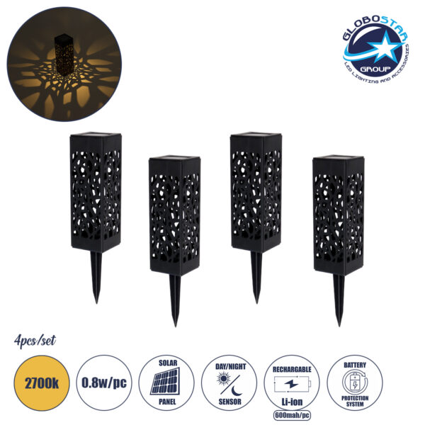 GloboStar® TRIBAL 71526 ΣΕΤ 4 Τεμαχίων Αυτόνομα Ηλιακά Φωτιστικά LED SMD 0.80W/Τεμ. 80lm/Τεμ. με Ενσωματωμένη Μπαταρία 600mAh - Φωτοβολταϊκό Πάνελ με Αισθητήρα Ημέρας-Νύχτας Αδιάβροχο IP65 Φανάρι Κήπου Τετράγωνο Θερμό Λευκό 2700K Μ6 x Π6 x Υ18cm - 1 Χρόνo Εγγύηση