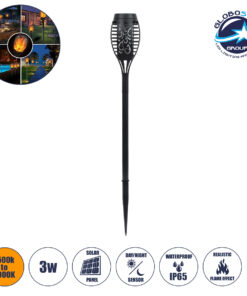 GloboStar® 71527 Αυτόνομο Ηλιακό Φωτιστικό LED SMD 3W 150lm με Ενσωματωμένη Μπαταρία 600mAh – Φωτοβολταϊκό Πάνελ – Αισθητήρα Ημέρας-Νύχτας Φαναράκι Κήπου – Εφέ Φλόγας Διακοσμητικό Αυτόνομο Αδιάβροχο IP65 1500-2000K Φ7 x Υ50cm