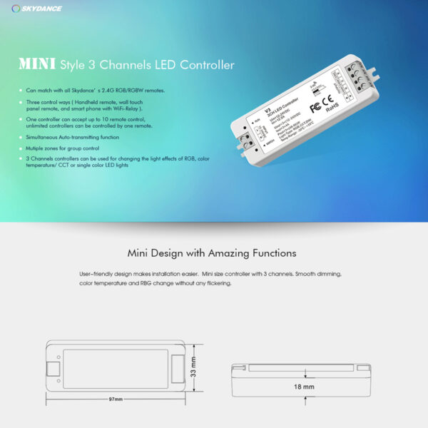 GloboStar® 71546 V3 SKYDANCE DC RF 2.4Ghz Dimmer High Speed Controller 3 Καναλιών DC 12-24V 3 x 5A 96W – Max 12A 288W – IP20 Μ10 x Π3.5 x Υ2cm – 5 Years Warranty