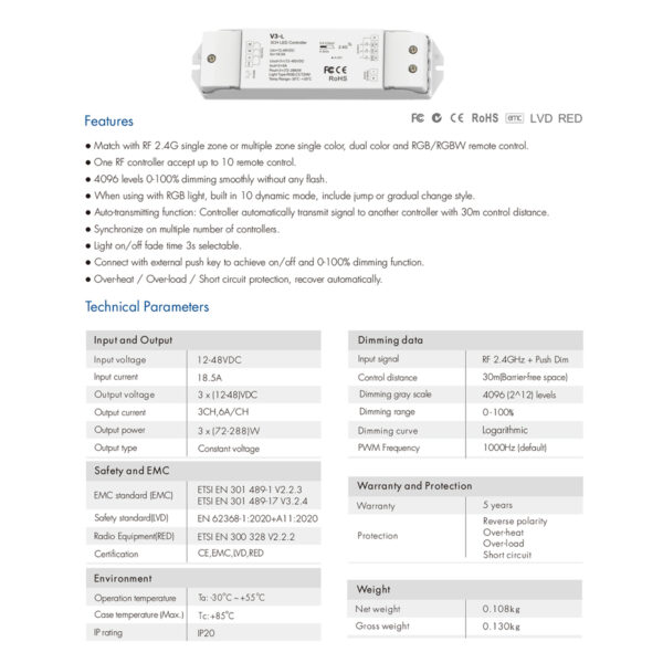 GloboStar® 71547 V3-L SKYDANCE DC RF 2.4Ghz Dimmer High Speed Controller & Push Dimming 3 Κανάλια DC 12-48V 3 x 6A 288W – Max 18.5A 288W – IP20 Μ17.5 x Π4.5 x Υ2.5cm – 5 Years Warranty