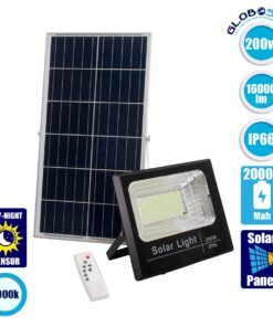 GloboStar® 71558 Αυτόνομος Ηλιακός Προβολέας LED SMD 200W 16000lm με Ενσωματωμένη Μπαταρία 20000mAh – Φωτοβολταϊκό Πάνελ με Αισθητήρα Ημέρας-Νύχτας και Ασύρματο Χειριστήριο RF 2.4Ghz Αδιάβροχος IP66 Ψυχρό Λευκό 6000K