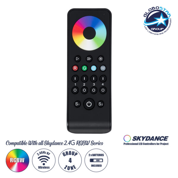 GloboStar® 71563 RS4 SKYDANCE Ασύρματο Χειριστήριο Αφής RF 2.4Ghz 4 Group για όλα τα RGB/RGBW SKYDANCE Controller DC 3V 2 x AAA - IP20 Μαύρο Μ14 x Π5 x Υ1.9cm - 5 Years Warranty