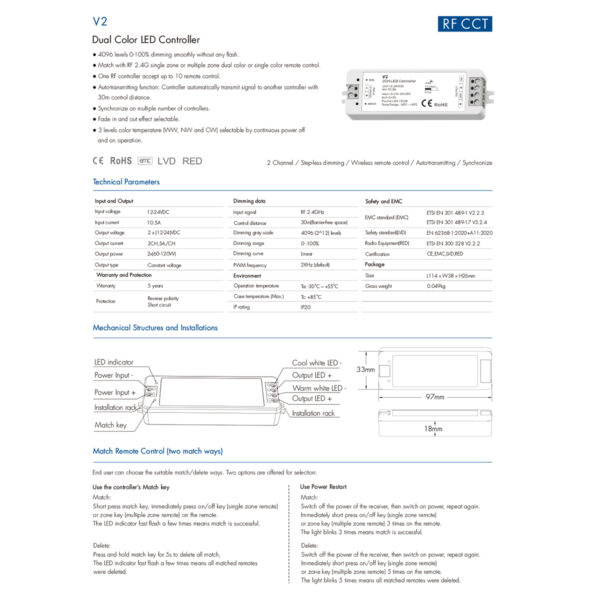 GloboStar® 71564 V2 SKYDANCE DC RF 2.4Ghz Dimmer High Speed Controller 2 Καναλιών DC 12-24V 2 x 5A 120W – Max 10.5A 252W – IP20 Μ10 x Π3.5 x Υ2cm – 5 Years Warranty