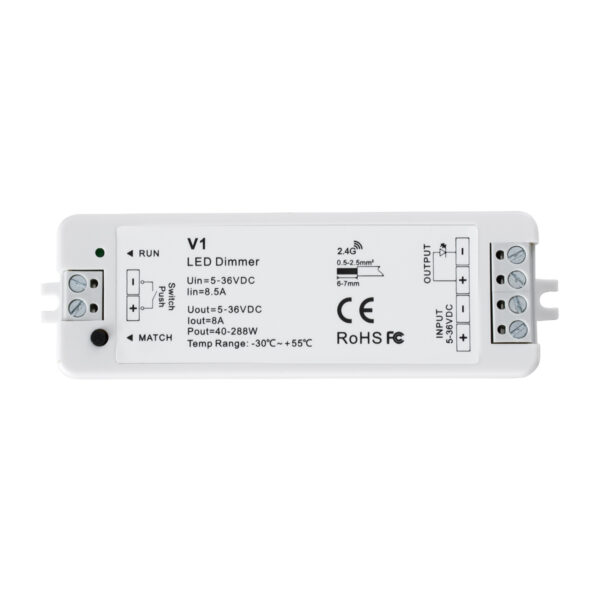 GloboStar® 71567 V1 SKYDANCE DC RF 2.4Ghz Dimmer High Speed Controller & Push Dimming 1 Κανάλι DC 5-36V 1 x 8A 288W – Max 8.5A 288W – IP20 Μ10 x Π3.5 x Υ2cm – 5 Years Warranty