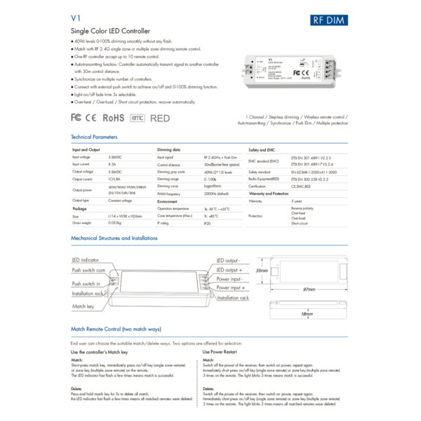 GloboStar® 71567 V1 SKYDANCE DC RF 2.4Ghz Dimmer High Speed Controller & Push Dimming 1 Κανάλι DC 5-36V 1 x 8A 288W – Max 8.5A 288W – IP20 Μ10 x Π3.5 x Υ2cm – 5 Years Warranty