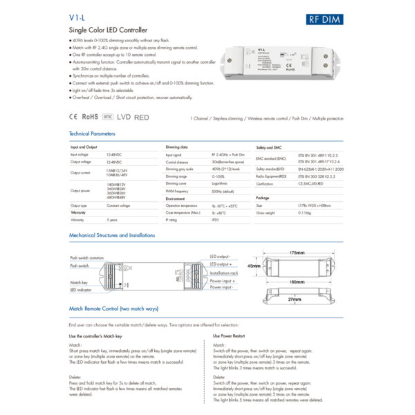GloboStar® 71568 V1-L SKYDANCE DC RF 2.4Ghz Dimmer High Speed Controller & Push Dimming 1 Κανάλι DC 12-48V 1 x 15A 480W – Max 15A 480W – IP20 Μ17.5 x Π4.5 x Υ2.5cm – 5 Years Warranty