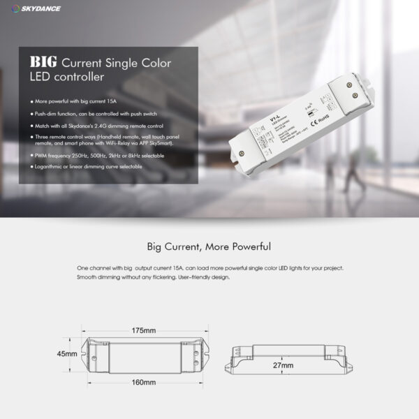GloboStar® 71568 V1-L SKYDANCE DC RF 2.4Ghz Dimmer High Speed Controller & Push Dimming 1 Κανάλι DC 12-48V 1 x 15A 480W – Max 15A 480W – IP20 Μ17.5 x Π4.5 x Υ2.5cm – 5 Years Warranty