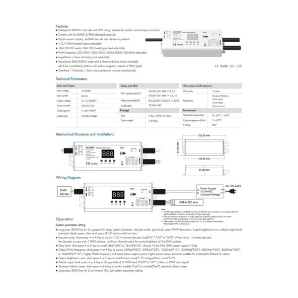 GloboStar® 71571-IP65 D4-WP SKYDANCE DC DMX & RDM Dimmer High Speed Controller / Decoder 4 Καναλιών DC 12-36V 4 x 5A 180W – Max 20.5A 720W – Αδιάβροχος IP65 Μ17 x Π8 x Υ4cm – 5 Years Warranty
