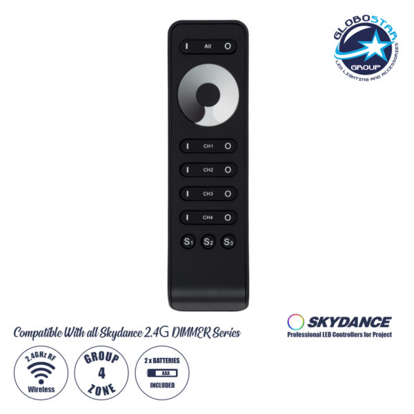 GloboStar® 71573 RS6 SKYDANCE Ασύρματο Χειριστήριο Αφής RF 2.4Ghz 4 Group για όλα τα Μονόχρωμα SKYDANCE Controller DC 3V 2 x AAA - IP20 Μαύρο Μ15.5 x Π4.5 x Υ1.9cm - 5 Years Warranty