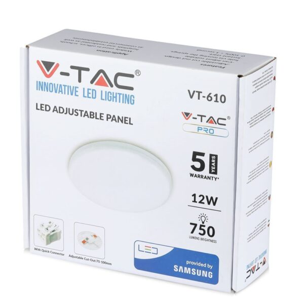 LED Panel Στρογγυλό Χωνευτό Λευκό Ρυθμιζόμενο 12W V-TAC PRO Samsung Chip 120° 750lm Ø120 Θερμό Λευκό 3000K – 727