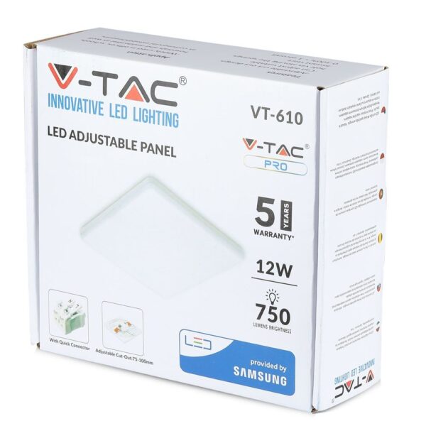 LED Panel Τετράγωνο Χωνευτό Λευκό Ρυθμιζόμενο 12W V-TAC PRO Samsung Chip 120° 750lm 12×12 Θερμό Λευκό 3000K – 730