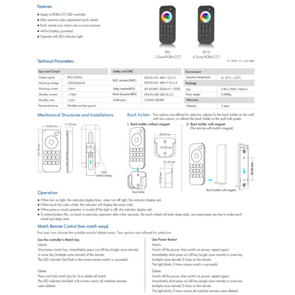 GloboStar® 73009 RT5 SKYDANCE Ασύρματο Χειριστήριο Αφής RF 2.4Ghz 1 Group για όλα τα RGBW+WW SKYDANCE Controller  DC 3V 2 x AAA – IP20 Μαύρο Μ5.3 x Π1.75 x Υ12.2cm – 5 Years Warranty