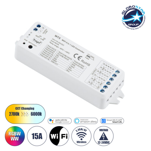 GloboStar® 73010 Ασύρματος WiFi LED RGBW+WW+CCT Controller IOS/Android 5in1 2.4Ghz DC 12-24V Max 180W