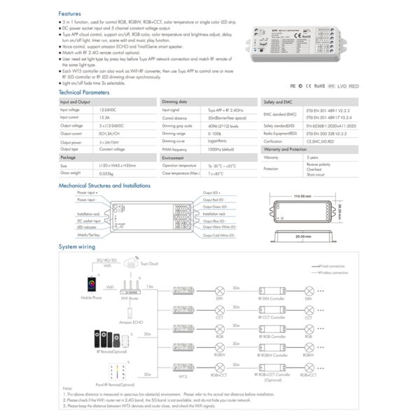 GloboStar® 73010 Ασύρματος WiFi LED RGBW+WW+CCT Controller IOS/Android 5in1 2.4Ghz DC 12-24V Max 180W