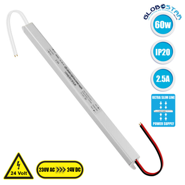 GloboStar® 73013 Τροφοδοτικό LED Ultra Slim 60W DC 24V 2.5A IP20 Μ31 x Π1.8 x Υ1.8cm