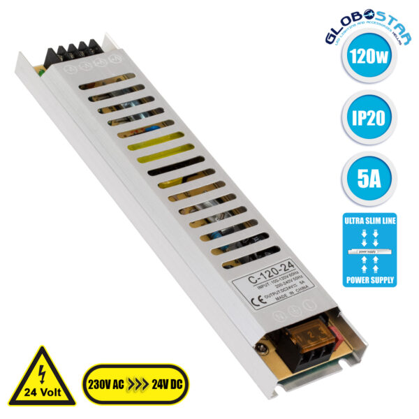 GloboStar® 73015 Τροφοδοτικό LED Ultra Slim 120W DC 24V 5A IP20 Μ22.5 x Π5.4 x Υ2.1cm