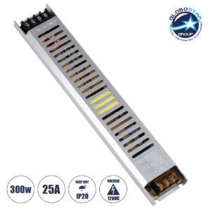 GloboStar® 73029 Μεταλλικό Τροφοδοτικό PELV Ultra Slim για Προϊόντα LED 300W 25A – AC 220-240V σε DC 12V – IP20 L31 x W5.4 x H2.3cm – 3 Years Warranty