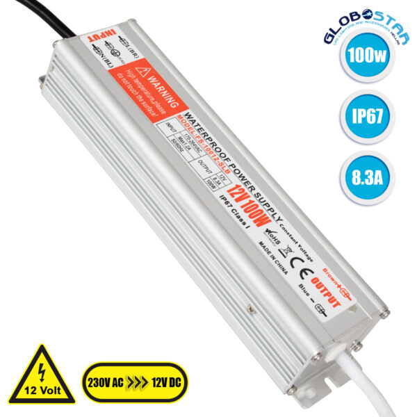 GloboStar® 73052 Τροφοδοτικό LED 100W DC 12V 8.3A Αδιάβροχο IP67 Μ22.3 x Π5.3 x Y3.4cm