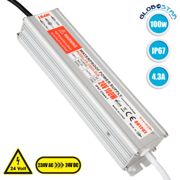 GloboStar® 73062 Τροφοδοτικό LED DC 24V 100W Αδιάβροχο IP67 Max 100W 4.3A