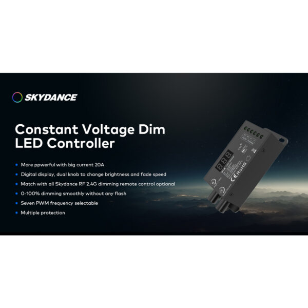GloboStar® 73116 V1-B SKYDANCE DC RF 2.4Ghz Dimmer Constant Voltage Controller 1 Κανάλι DC 12-24V 1 x 20.5A 480W – Max 20.5A 480W – IP20 Μ9 x Π4 x Υ2.8cm – 5 Χρόνια Εγγύηση