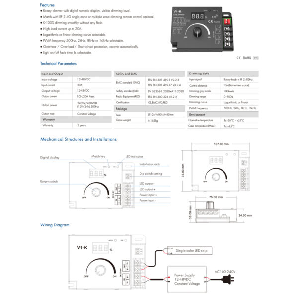 GloboStar® 73117 V1-K SKYDANCE DC RF 2.4Ghz Dimmer PWM Frequency Controller 1 Κανάλι DC 12-24V 1 x 20A 480W – Max 20A 480W – IP20 Μ10.7 x Π7.5 x Υ3.8cm – 5 Χρόνια Εγγύηση