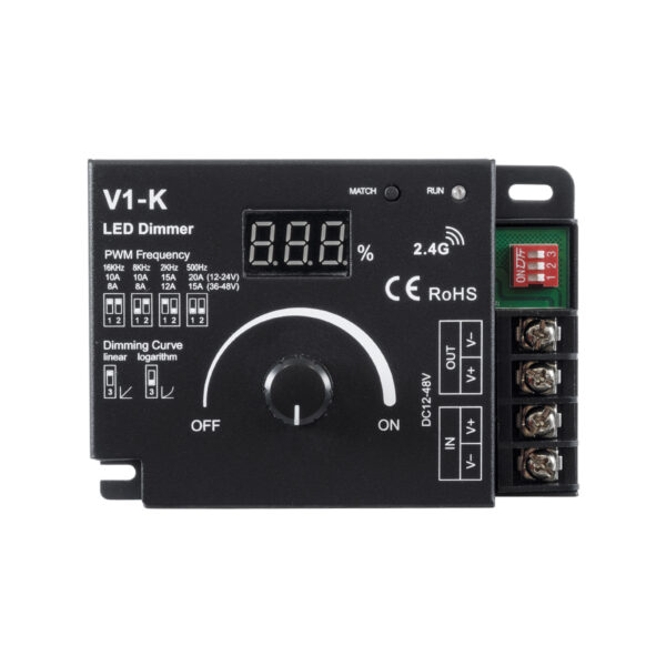 GloboStar® 73117 V1-K SKYDANCE DC RF 2.4Ghz Dimmer PWM Frequency Controller 1 Κανάλι DC 12-24V 1 x 20A 480W – Max 20A 480W – IP20 Μ10.7 x Π7.5 x Υ3.8cm – 5 Χρόνια Εγγύηση