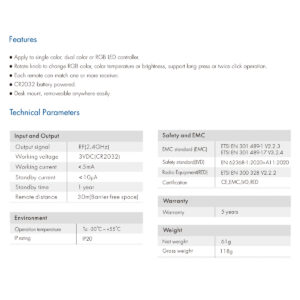 GloboStar® 73123 RK1 SKYDANCE Ασύρματο Χειριστήριο RF 2.4Ghz & Push Dimming 1 Group για όλα τα Μονόχρωμα SKYDANCE Controller DC 3V 1 x CR2032 – IP20 Μ9.1 x Π7.2 x Υ5.7cm – 5 Χρόνια Εγγύηση