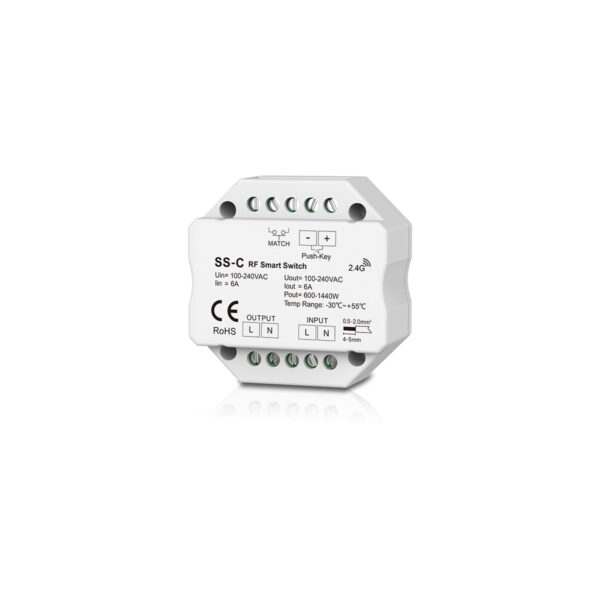 GloboStar® 73126 SS-C SKYDANCE AC RF 2.4Ghz & Push Switch 1 Κανάλι AC 100-240V 1 x 6A 1440W – Max 6A 1440W – IP20  Μ5.2 x Π5.2 x Υ2.6cm – 5 Χρόνια Εγγύηση