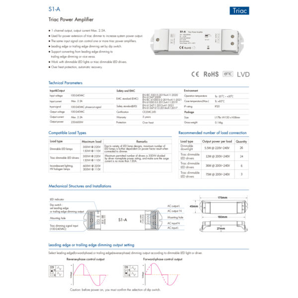 GloboStar® 73128 S1-A SKYDANCE AC Triac Amplifier 1 Κανάλι AC 100-240V 1 x 2.5A 600W – Max 2.5A 600W – IP20  Μ17.5 x Π4.5 x Υ2.5cm – 5 Χρόνια Εγγύηση