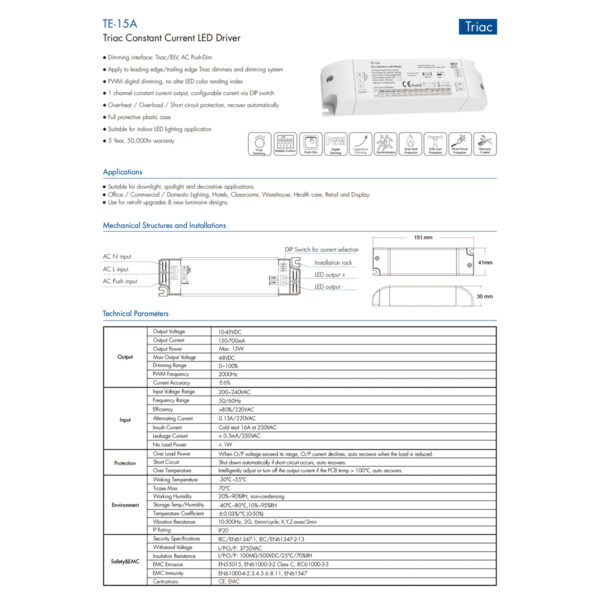 GloboStar® 73133 TE-15A SKYDANCE AC Triac Dimmable Constant Current LED Driver Push Dimming 1 Κανάλι AC 200-240V 1 x 0.15A 15W – Max 0.15A 15W – IP20  Μ15.1 x Π4.1 x Υ3cm – 5 Χρόνια Εγγύηση