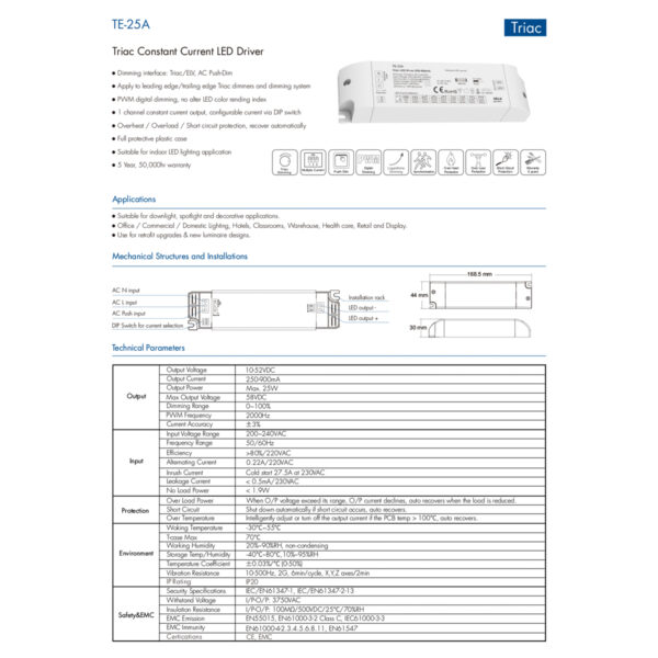 GloboStar® 73134 TE-25A SKYDANCE AC Triac Dimmable Constant Current LED Driver 1 Κανάλι AC 200-240V 1 x 0.22A 25W – Max 0.22A 25W – IP20  Μ17.5 x Π4.4 x Υ3cm – 5 Χρόνια Εγγύηση