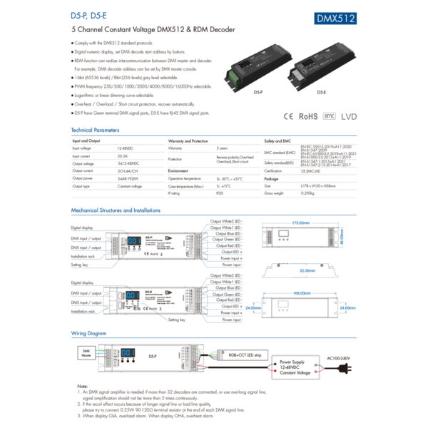 GloboStar® 73148 D5-E SKYDANCE DC DMX512 & RDM Decoder 5 Καναλιών DC 12-48V 5 x 4A 960W – Max 20.5A 960W – IP20 Μ17.5 x Π4.5 x Υ3.3cm – 5 Χρόνια Εγγύηση
