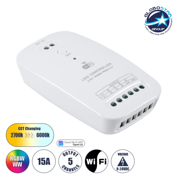 GloboStar® 73355 Ασύρματος WiFi LED RGBW+WW+CCT Controller IOS/Android 2in1 DC 9-24V Max 180W