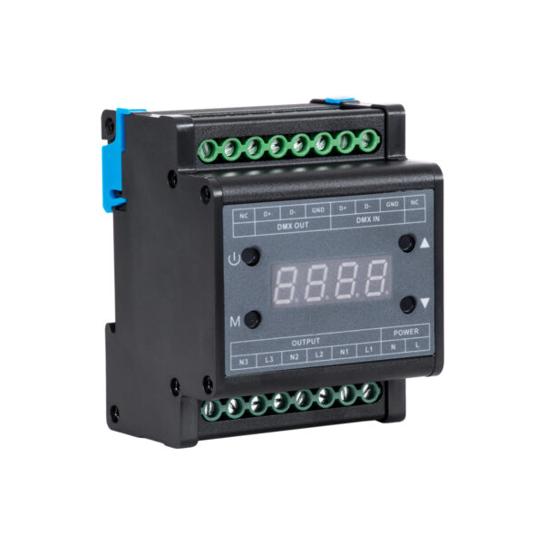 GloboStar® 73372 AC Triac DMX Dimmer Din Rail Ράγας 3 Καναλιών AC 100-240V 3 x 1A 220W – Max 3A 660W – IP20 Μ8 x Π9 x Υ6cm – 5 Years Warranty