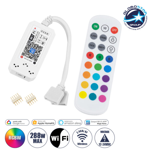 GloboStar® 73404 Ασύρματος Smart Home Wi-Fi LED RGBW Controller με 2 Εξόδους RGBW και Χειριστήριο 2.4Ghz RF DC 12V Max 144W - DC 24V Max 288W