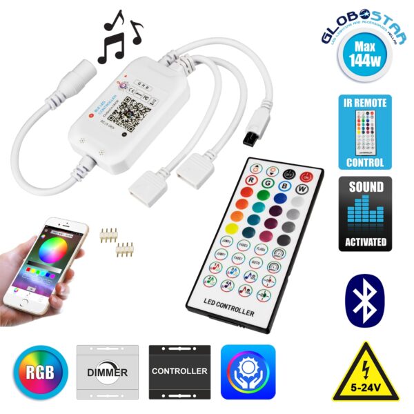 GloboStar® 73431 Ασύρματος Bluetooth LED RGB & Music Controller Sound Activated με Χειριστήριο IR & 2 Εξόδους RGB DC 5-24V Max 144W