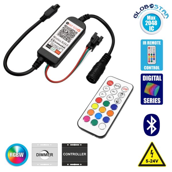 GloboStar® 73449 Ασύρματος Bluetooth LED RGBW Dream-Color Magic Digital Controller με Χειριστήριο IR για LED Digital RGBW Προϊόντα DC 5-24V Max 2048 IC