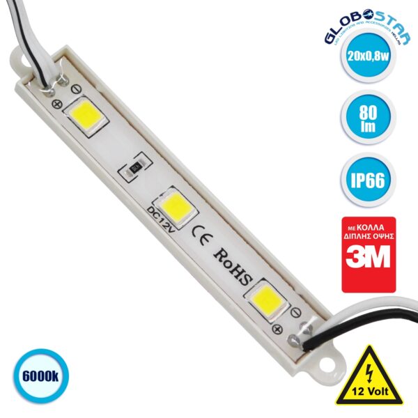 GloboStar® 73701 20 Τεμάχια x LED Modules 3 x SMD 5050 0.8W 80lm DC 12V Αδιάβροχο IP66 Ψυχρό Λευκό 6000K