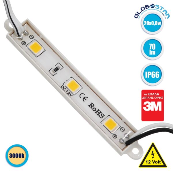 GloboStar® 73702 20 Τεμάχια x LED Modules 3 x SMD 5050 0.8W 70lm DC 12V Αδιάβροχο IP66 Θερμό Λευκό 3000K