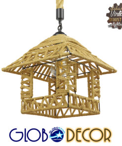 GloboStar® SPIKY 01613 Vintage Κρεμαστό Φωτιστικό Οροφής Μονόφωτο 1 x E27 Πλέγμα με Μπεζ Σχοινί Φ43 x Υ28cm