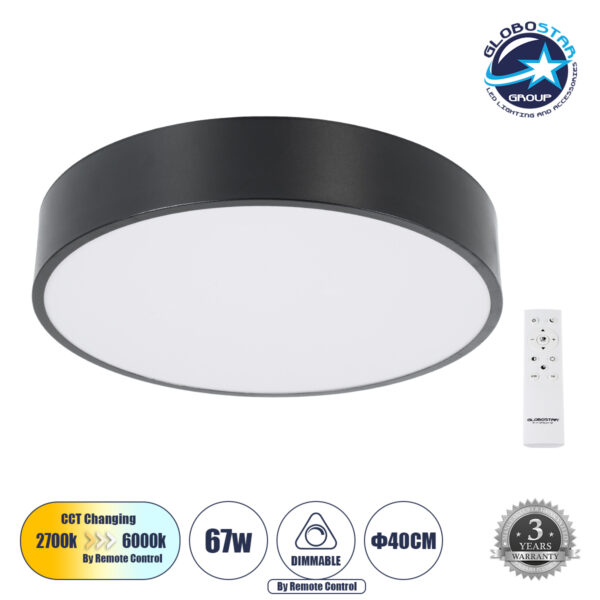 GloboStar® BURTON 61200-S Πλαφονιέρα Οροφής LED CCT 67W 7370lm 120° AC 220-240V - Εναλλαγή Φωτισμού μέσω Τηλεχειριστηρίου All In One Ψυχρό 6000k+Φυσικό 4500k+Θερμό 2700k Dimmable Φ40cm - Μαύρο - 3 Years Warranty