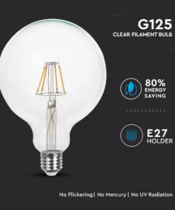 Λάμπα LED E27 G125 Filament 6W Ψυχρό λευκό 6400K Διάφανο V-TAC – 7427