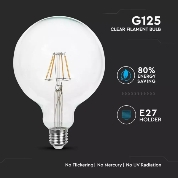 Λάμπα LED E27 G125 Filament 6W Ψυχρό λευκό 6400K Διάφανο V-TAC – 7427